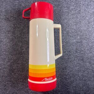 Vintage Aladdin Thermos 1970s Red Orange Yellow Retro Glass Liner EUC